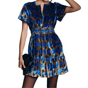 Anthropologie Velvet Mini Dress Blue Gold Bronze XS Petite